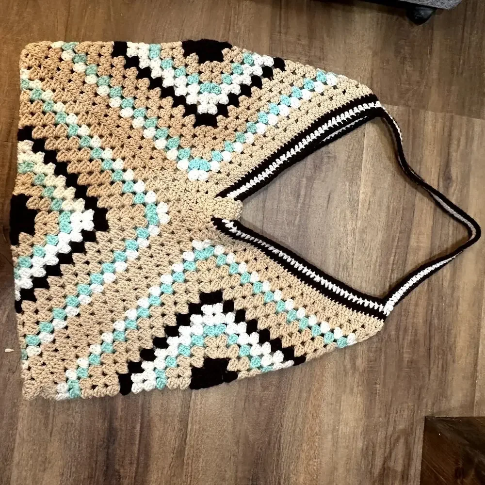 Hand Knit Crochet Granny Square Bag Beaded Accent Boho Retro Y2K Festival Tote